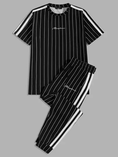 Manfinity BRENVOR Men Casual Letter Graphic Striped Short Sleeve Top & Drawstring Waist Pants Set, Going Out Summer Outfit, Cozy Outfits, Couple Things