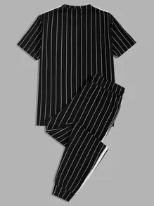 Manfinity BRENVOR Men Casual Letter Graphic Striped Short Sleeve Top & Drawstring Waist Pants Set, Going Out Summer Outfit, Cozy Outfits, Couple Things