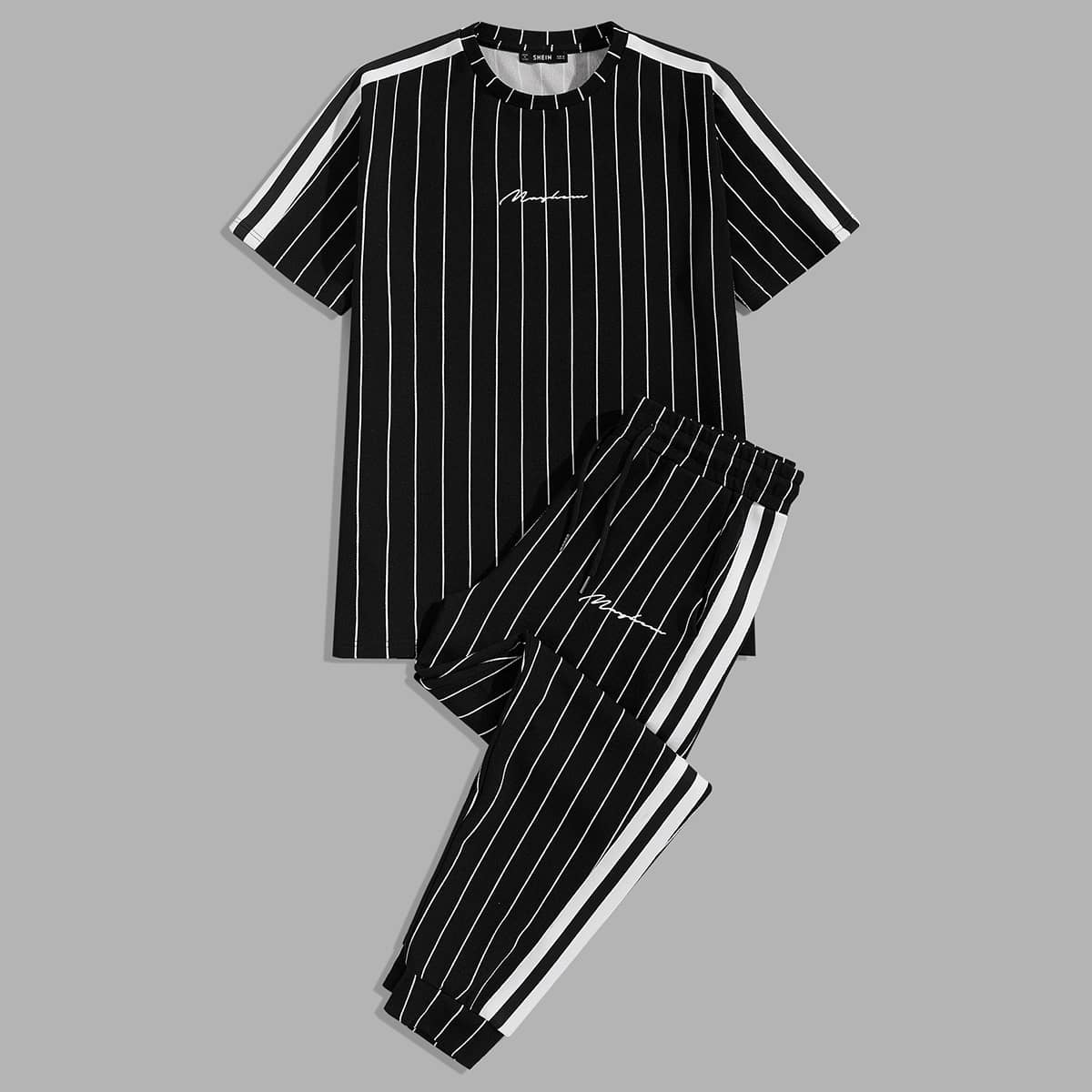 

Guys Letter Graphic Striped Top & Drawstring Waist Pants Set, Black
