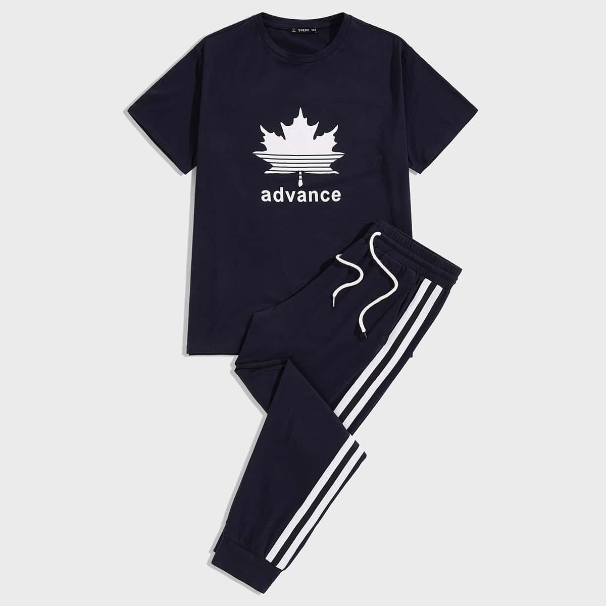

Guys Graphic Print Top & Contrast Striped Tape Joggers Set, Navy