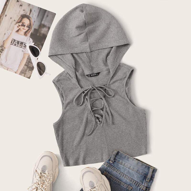 

Lace Up Front Crop Hooded Vest, Grey