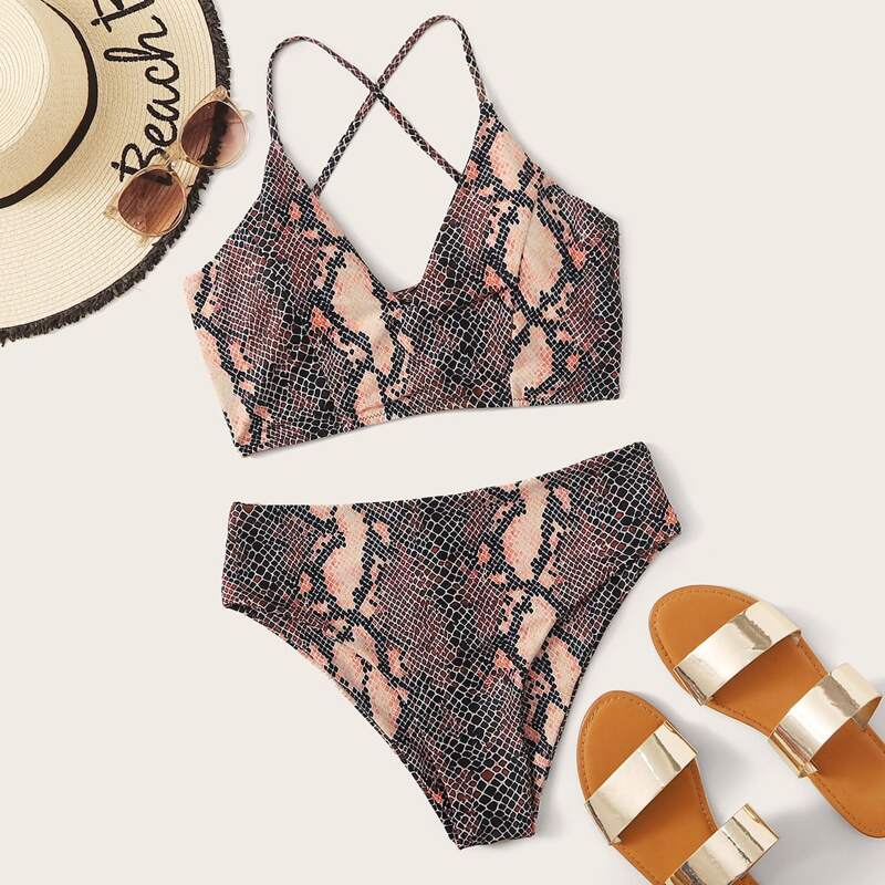 

Snakeskin Lace-up Back High Waisted Bikini Swimsuit, Multicolor