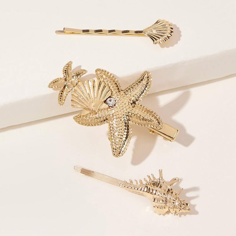 

3pcs Rhinestone Engraved Shell & Starfish Design Hair Clip, Gold