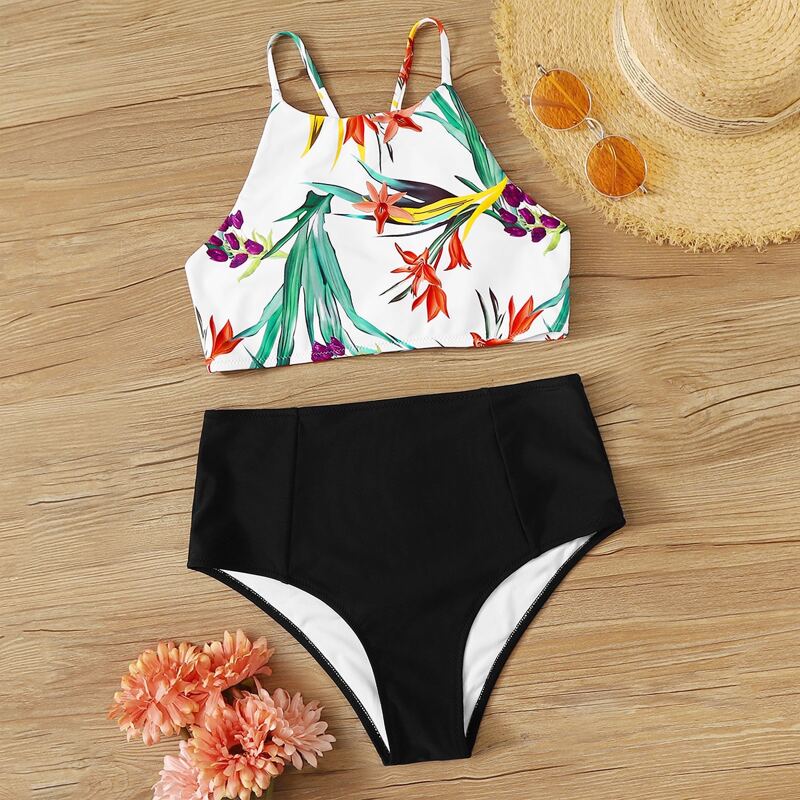 

Floral Print Tie Back High Waisted Bikini Swimsuit, Multicolor