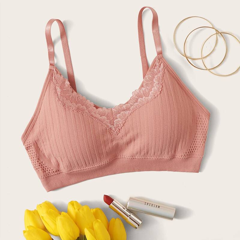 

Contrast Lace Ribbed Bralette, Pink