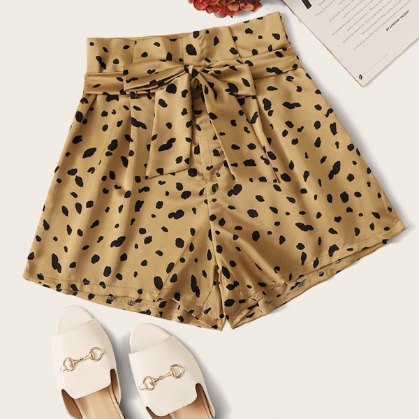 

Paper Bag Waist All Over Print Belted Shorts, Gold