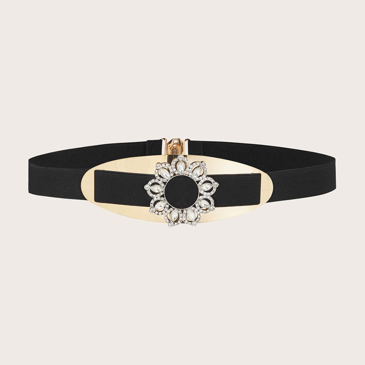 

Rhinestone Engraved Flower Decor Stretched Belt, Black