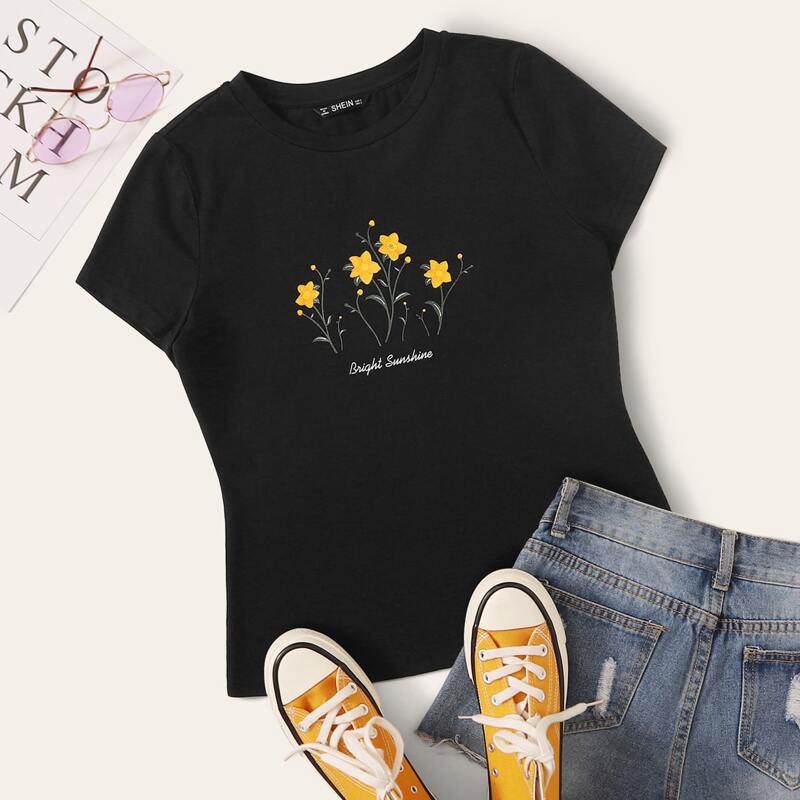 

Floral and Slogan Graphic Top, Black