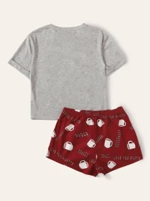 SHEIN Unity Rolled Cuff Slogan Graphic Top & Allover Print Shorts PJ Set - Multicolor - View 2