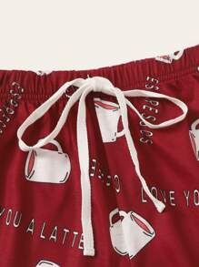 SHEIN Unity Rolled Cuff Slogan Graphic Top & Allover Print Shorts PJ Set - Multicolor - View 4