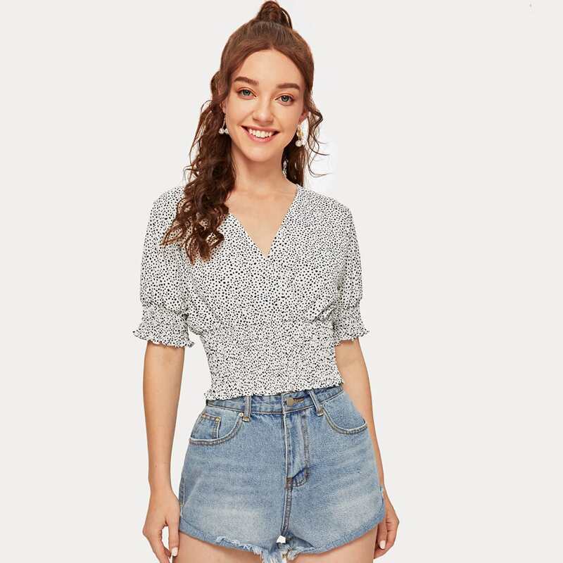 

Polka Dot Shirred Waist Blouse, Black and white