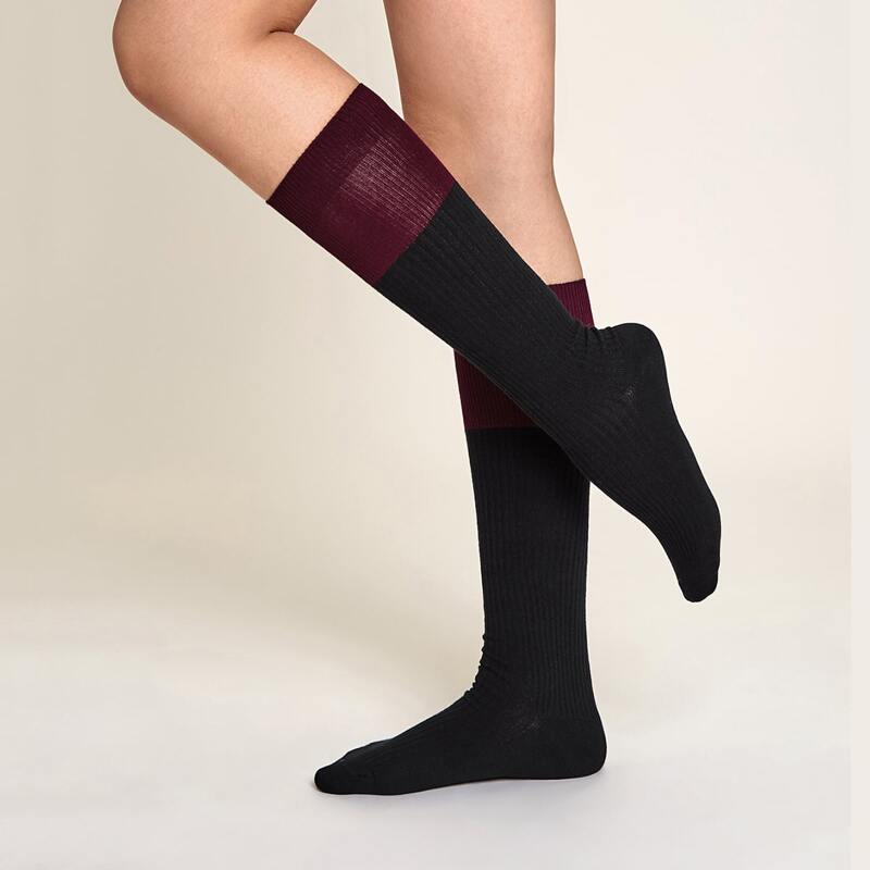 

1pair Two Tone Mid Calf Socks, Black