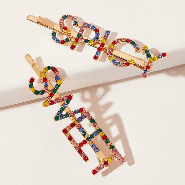 

2pcs Rhinestone Engraved Letter Decor Hair Clip, Multicolor