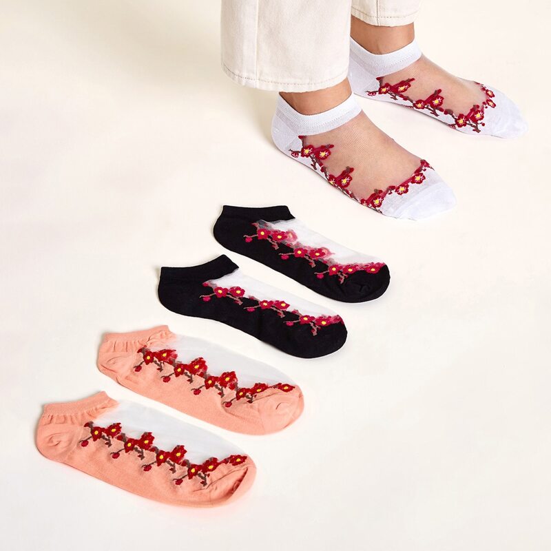 

3pairs Floral Mesh Panel Socks, Multicolor