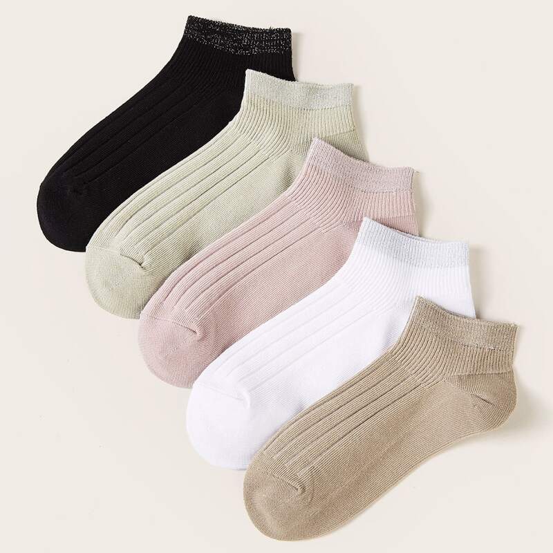 

5pairs Plain Knitted Ankle Socks, Multicolor