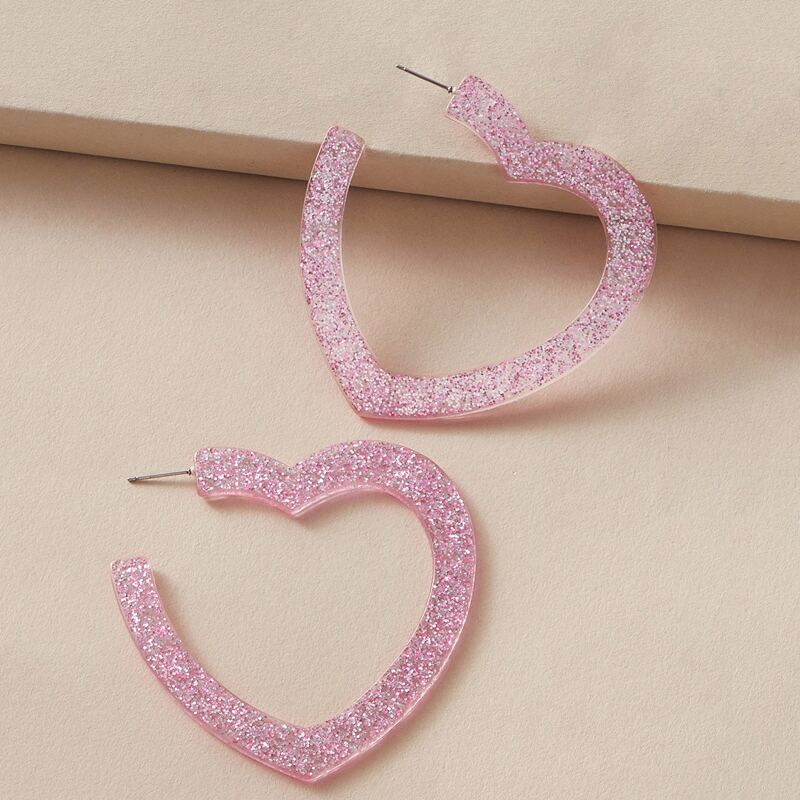 

1pair Glitter Heart Shaped Open Hoop Earrings, Pink