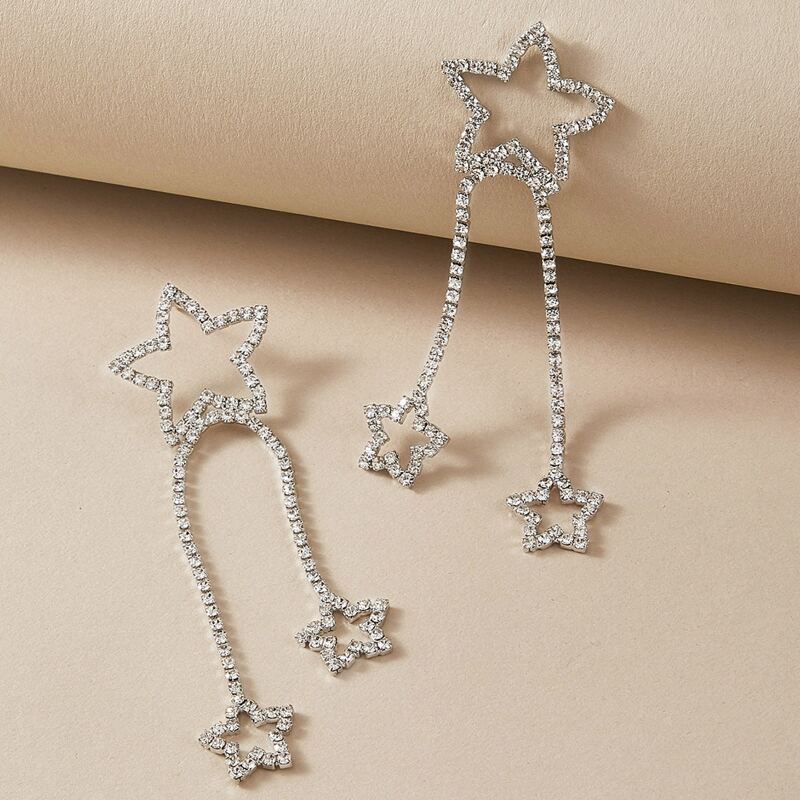 

1pair Rhinestone Engraved Star Drop Earrings, Silver