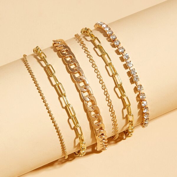 

6pcs Rhinestone Decor Chain Bracelet Set, Gold