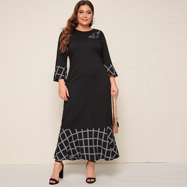 

Plus Plaid Print Ruffle Hem Maxi Dress, Black