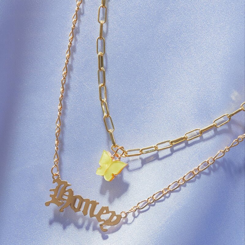 

1pc Butterfly & Letter Charm Layered Necklace, Gold
