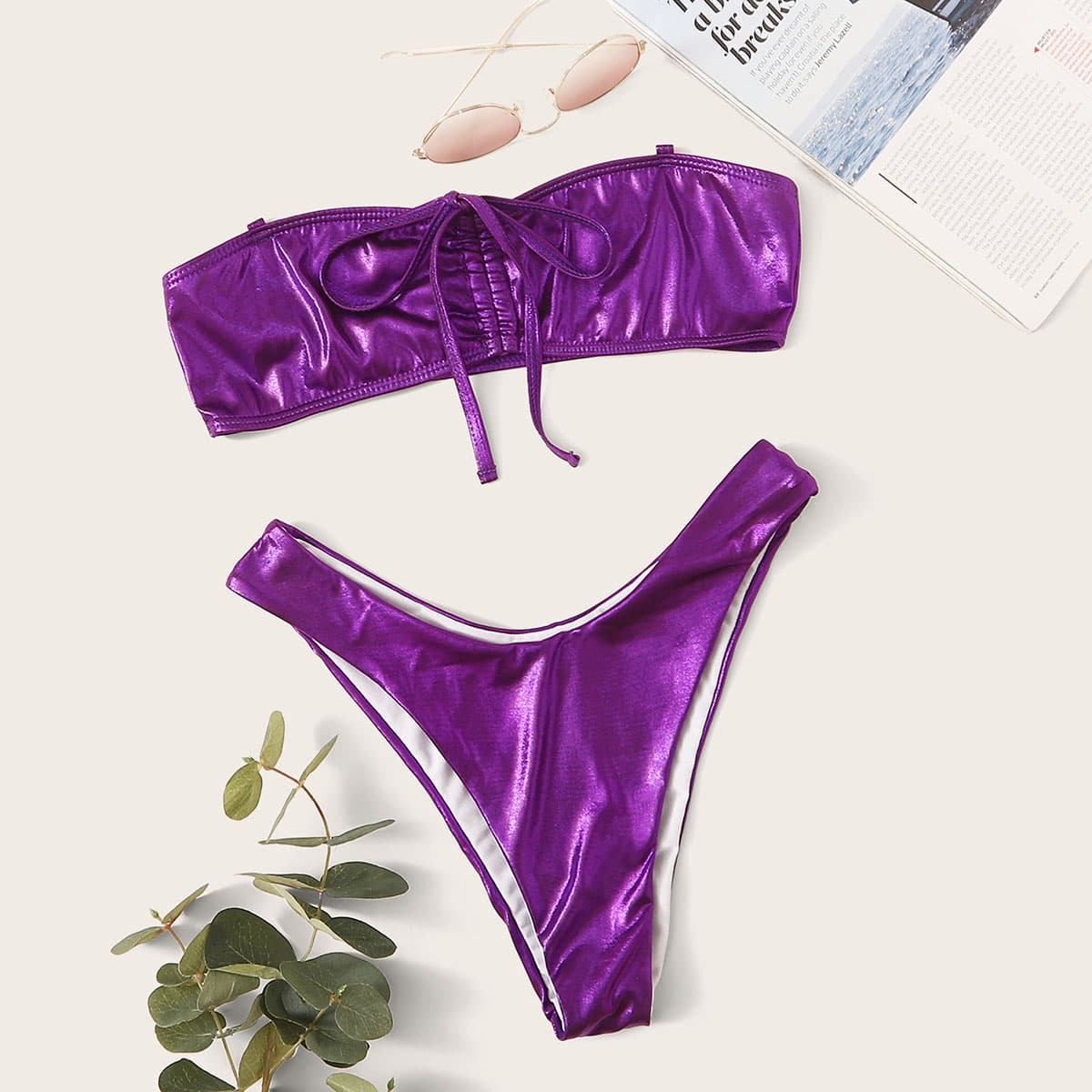 

Metallic Tie Front Bandeau High Cut Bikini Swimsuit, Purple