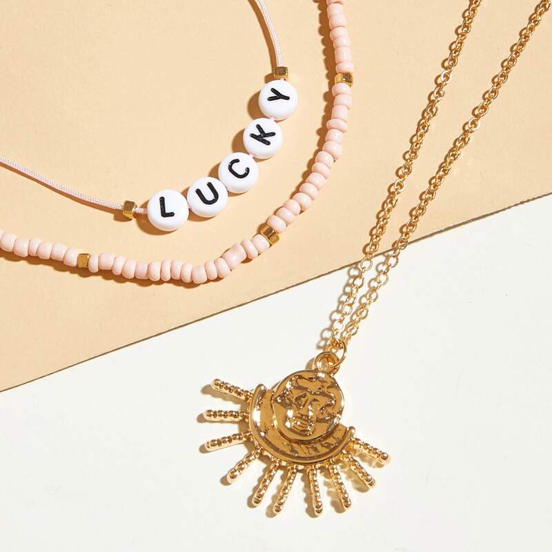 

2pcs Sun Charm & Letter Bead Layered Necklace Set, Multicolor