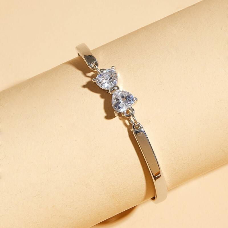 

1pc Double Rhinestone Detail Bangle Bracelet, Silver