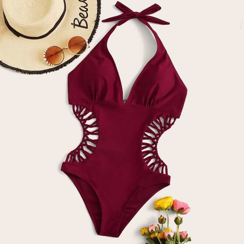 

Cut-out Halter One Piece Swimsuit, Burgundy