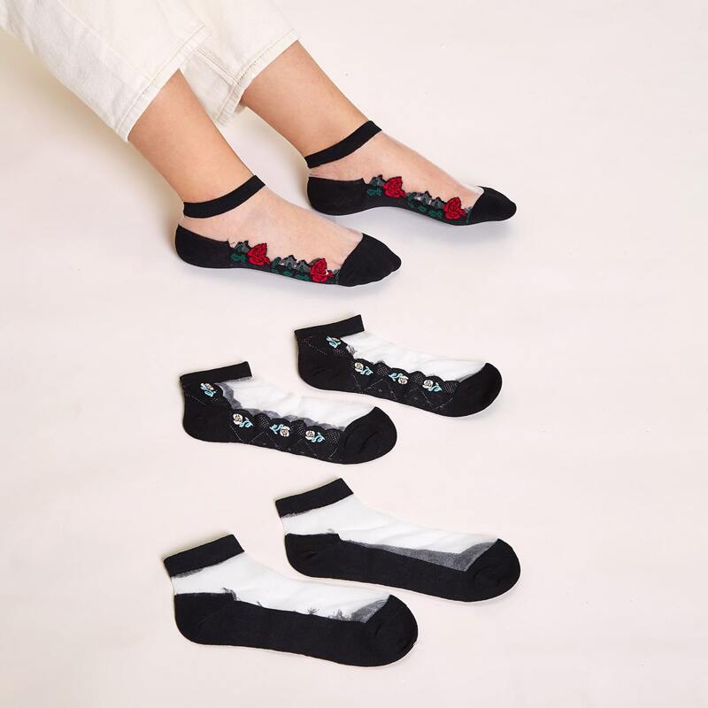 

3pairs Flower Pattern Mesh Socks, Black