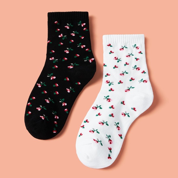 

2pairs Flower Pattern Socks, Multicolor