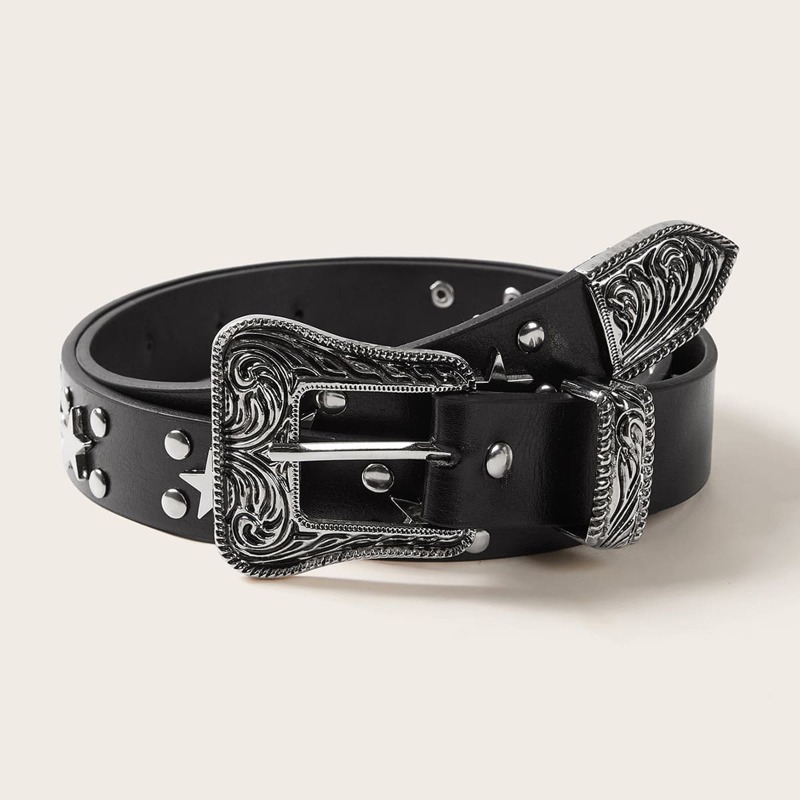 

Star & Studded Decor Metallic Buckle Belt, Black