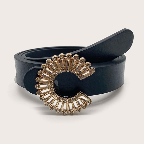 

Rhinestone Engraved Metallic Buckle Belt, Black