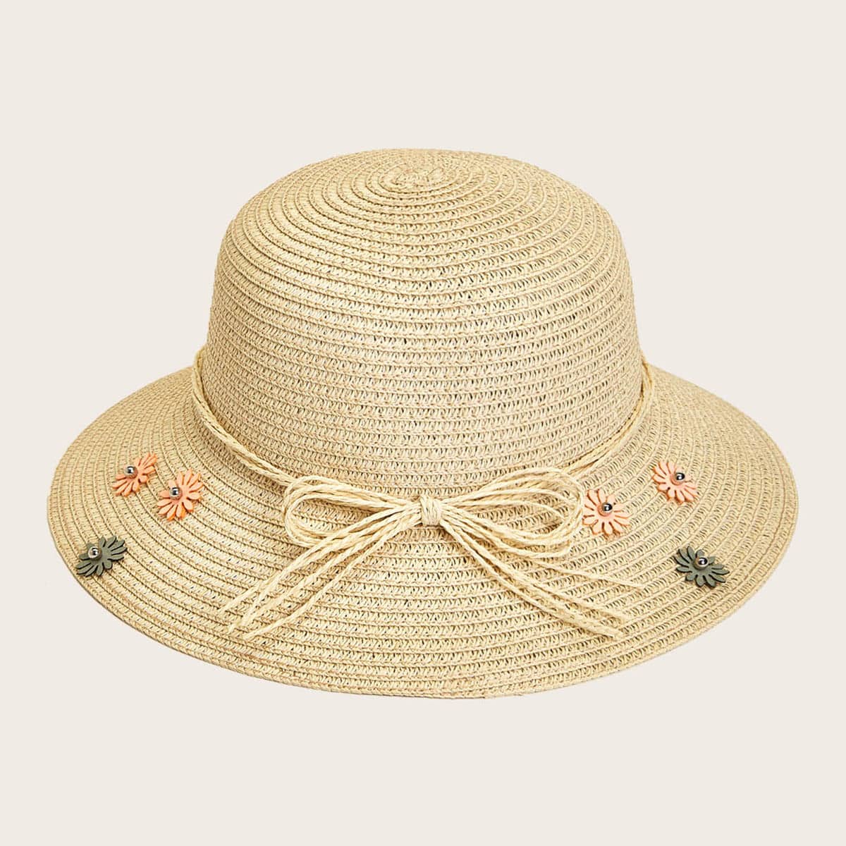 

Flower & Bow Decor Straw Hat, Khaki