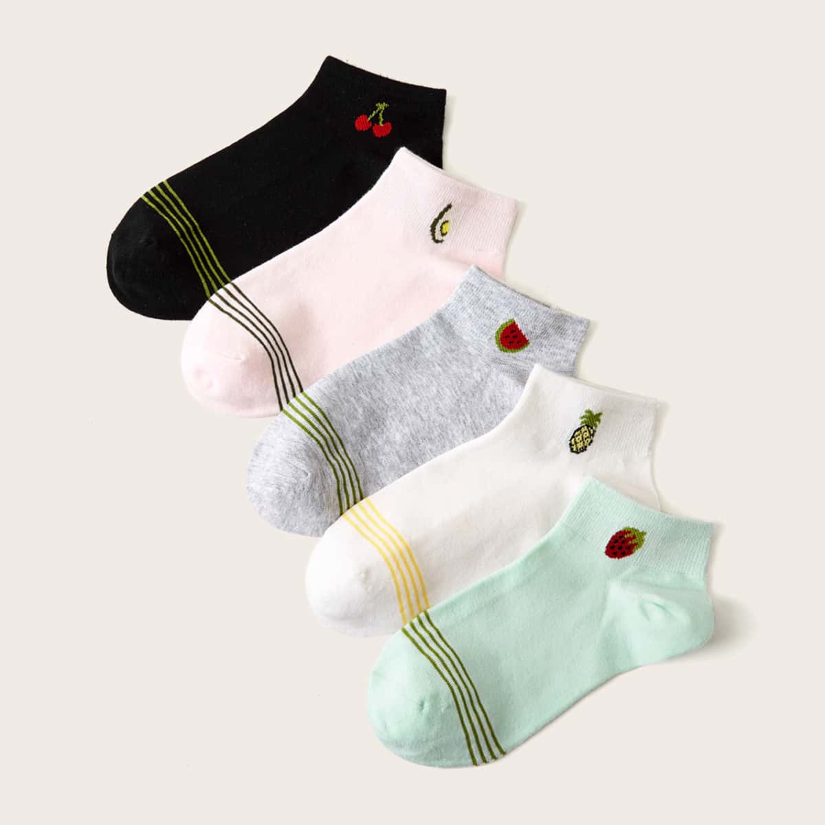 

5pairs Striped & Fruit Pattern Socks, Multicolor