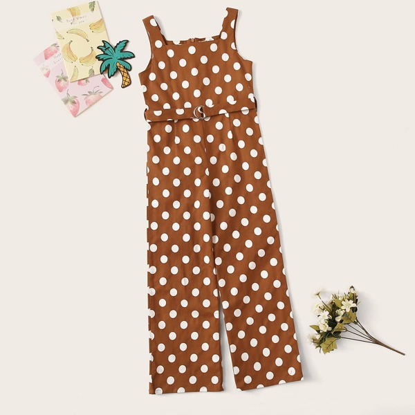 

Girls Zipper Back Polka Dot Belted Palazzo Jumpsuit, Brown