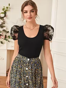 Top côtelé avec pièce transparente - Noir - Voir 1