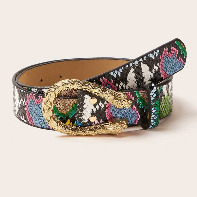 

Snakeskin Pattern Metallic Buckle Belt, Multicolor