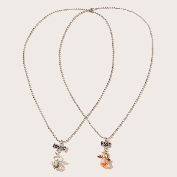 

2pcs Toddler Girls Letter Engraved Bar & Wing Charm Necklace, Multicolor