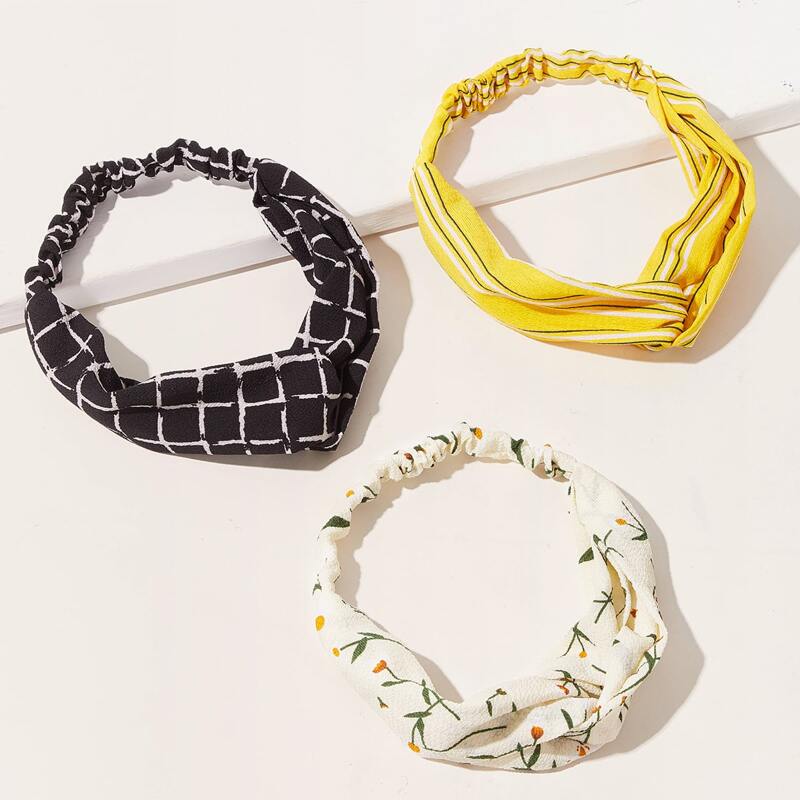

3pcs Plaid & Ditsy Floral Pattern Headband, Multicolor