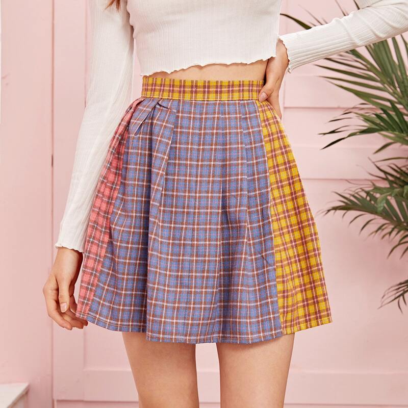 

Colorblock Plaid Skater Skirt, Multicolor