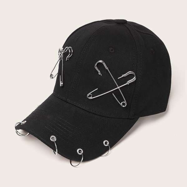 

Ring & Safety Pin Decor Baseball Cap, Black
