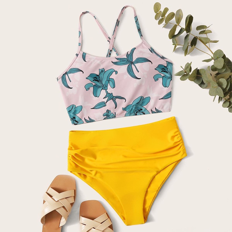 

Floral Random Print Lace-up Back Bikini Set, Multicolor