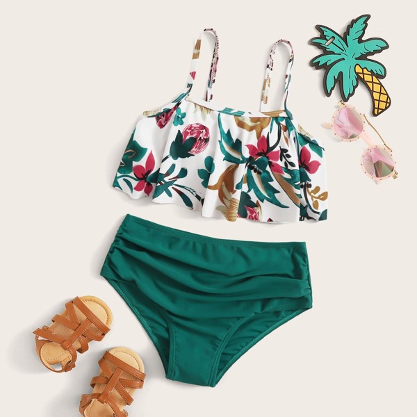 

Girls Floral Print Flounce Bikini Set, Multicolor