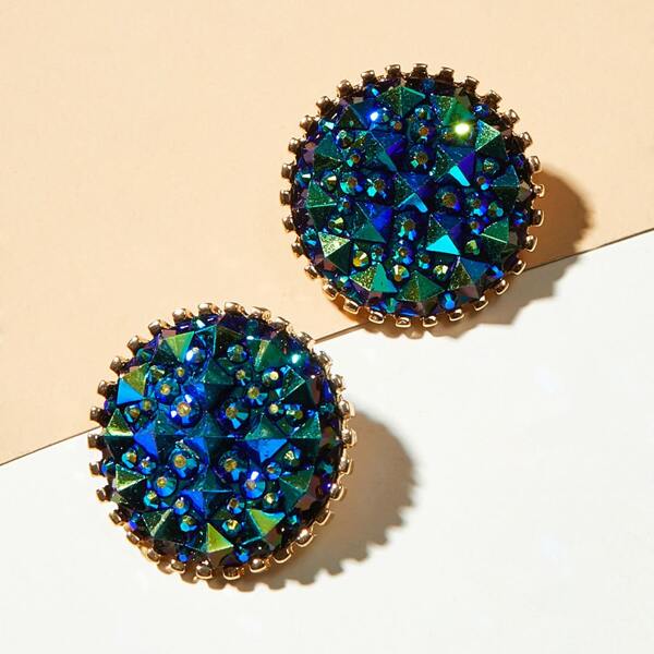 

1pair Rhinestone Engraved Round Stud Earrings, Blue