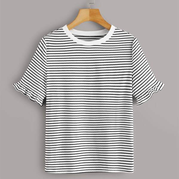 

Black And White Striped Flounce Sleeve Tee