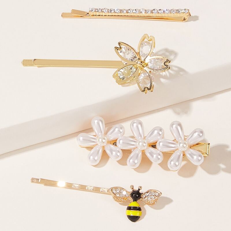 

4pcs Faux Pearl & Bee Decor Hairpin, Gold