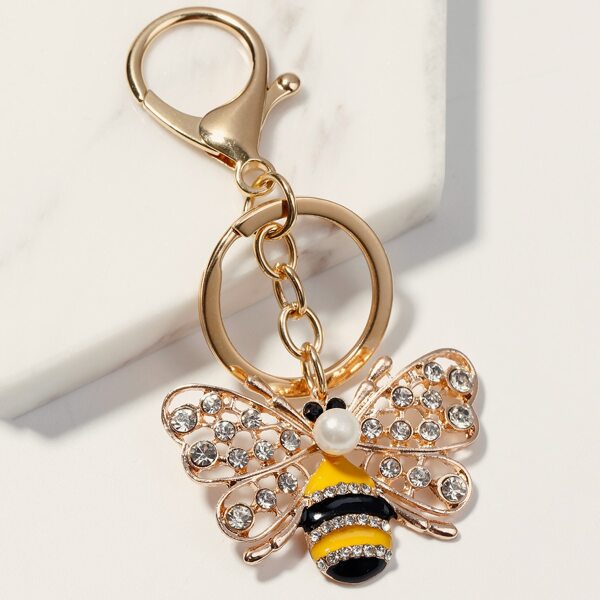 

Rhinestone Decor Bee Charm Keychain, Gold