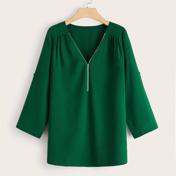 

Plus Solid Half Placket Blouse, Green
