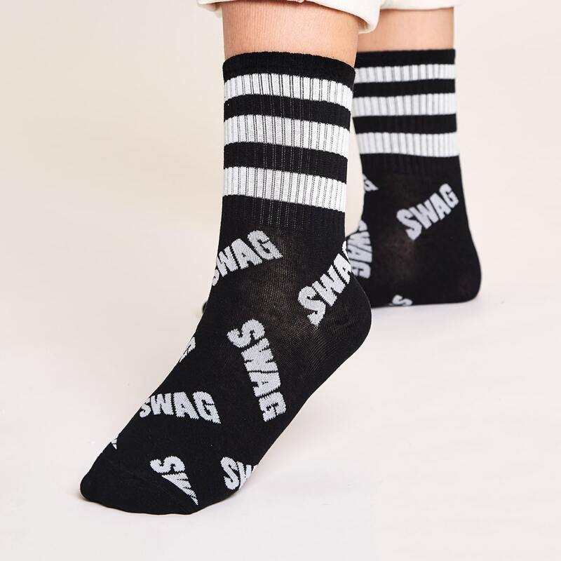 

1pair Striped & Letter Graphic Socks, Black