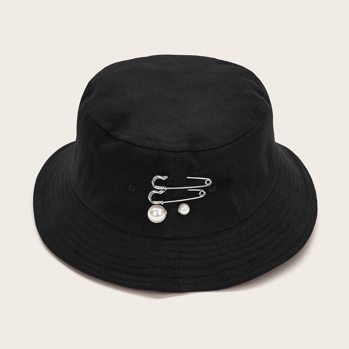 

Faux Pearl & Safety Pin Decor Bucket Hat, Black